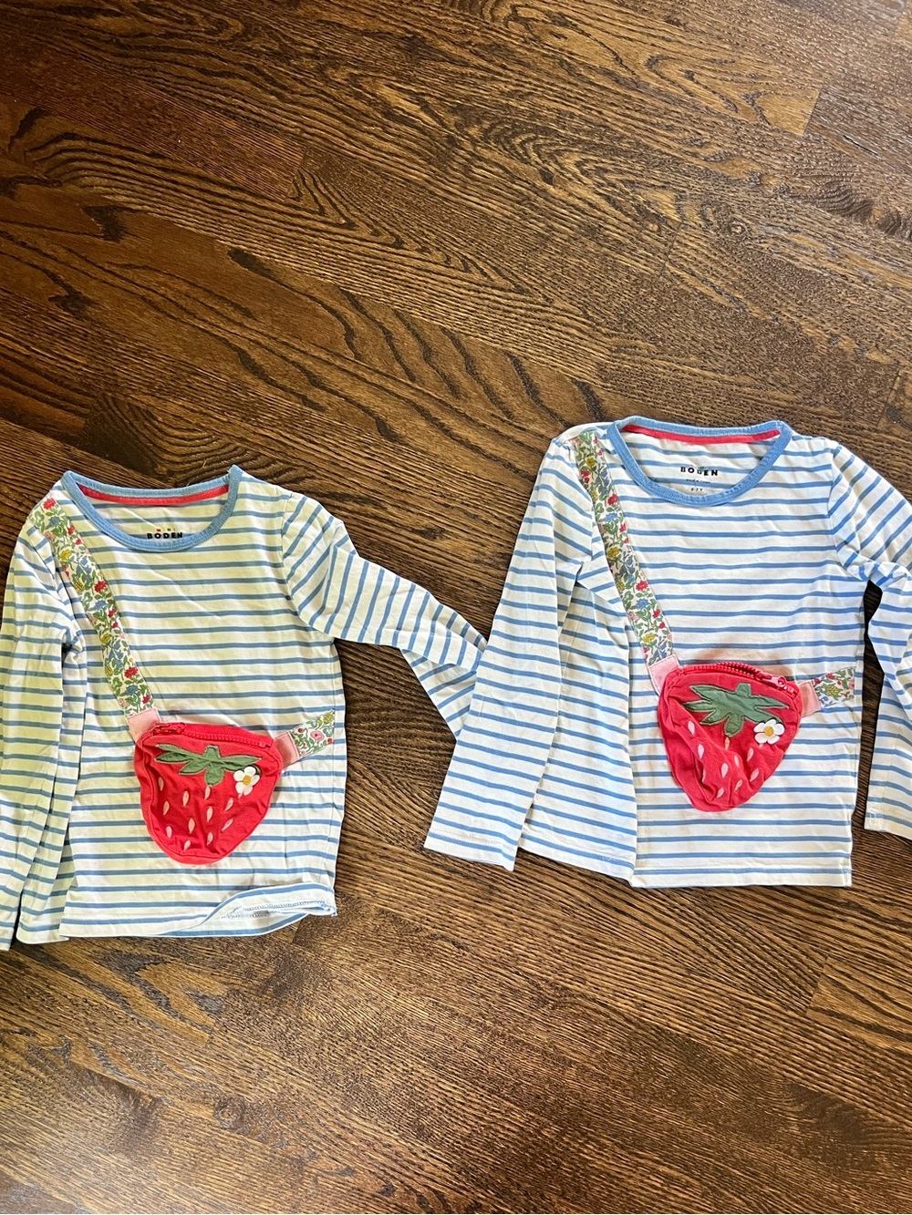 Mini Boden Blue & White Striped Long-Sleeve Top with Red Strawberry Pocket